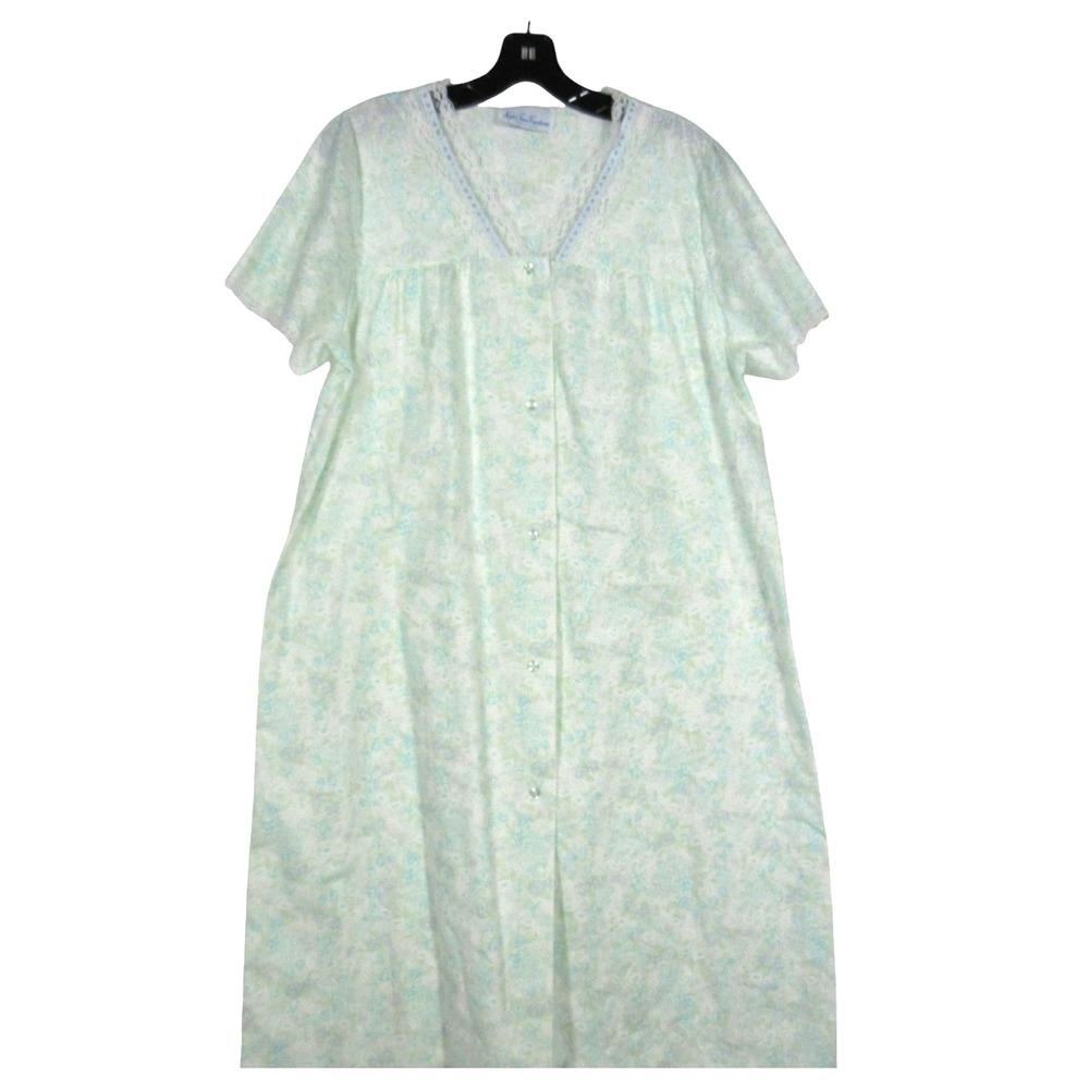 NIGHT TIME CREATIONS Green/Blue FLORAL Lace Trim PLEATED Robe/House Dress Sz M